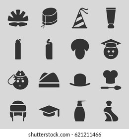 Cap icons set. set of 16 cap filled icons such as mushroom, cream tube, hat, bottle soap, cleanser, winter hat, graduate emoji, soldier emot