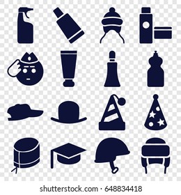 Cap icons set. set of 16 cap filled icons such as cream tube, hat, cleanser, winter hat, soldier emot
