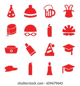 Cap icons set. set of 16 cap filled icons such as cream tube, cleanser, winter hat, nurse hat, beer mug, helmet, arrows up