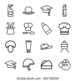cap icons set. Set of 16 cap outline icons such as mushroom, cream tube, hat, cleanser, helmet, chef hat, soldier emot