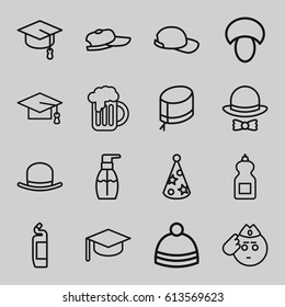 Cap icons set. set of 16 cap outline icons such as mushroom, hat, bottle soap, cleanser, winter hat, beer mug, soldier emot