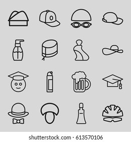 Cap icons set. set of 16 cap outline icons such as mushroom, cream tube, bottle soap, cleanser, nurse hat, beer mug, chef hat, helmet