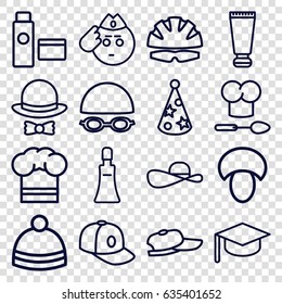 Cap icons set. set of 16 cap outline icons such as mushroom, cream tube, winter hat, baseball cap, party hat, helmet