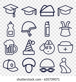 Cap icons set. set of 16 cap outline icons such as mushroom, cream tube, cleanser, baseball cap, helmet, nurse hat, beer mug, chef hat, soldier emot