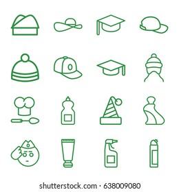 Cap icons set. set of 16 cap outline icons such as cream tube, cleanser, winter hat, chef hat