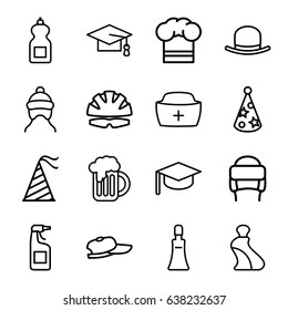 Cap icons set. set of 16 cap outline icons such as hat, cream tube, cleanser, winter hat, beer mug