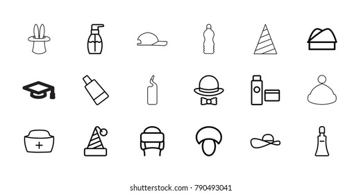 Cap icons. set of 18 editable outline cap icons: mushroom, cream tube, bottle soap, winter hat, party hat, cleanser