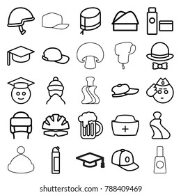 Cap icons. set of 25 editable outline cap icons such as cream tube, cleanser, winter hat, graduate emoji, soldier emot, graduation hat, helmet, beer mug