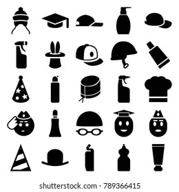 Cap icons. set of 25 editable filled cap icons such as cream tube, hat, bottle soap, cleanser, graduation hat, soldier emot, helmet