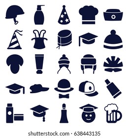 Cap icons set. set of 25 cap filled icons such as mushroom, cream tube, bottle soap, winter hat, graduate emoji, helmet, nurse hat, beer mug