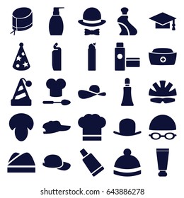 Cap icons set. set of 25 cap filled icons such as mushroom, cream tube, hat, bottle soap, cleanser, winter hat