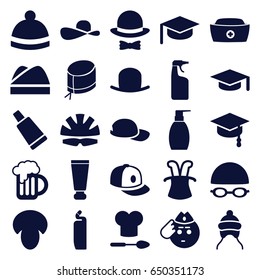 Cap icons set. set of 25 cap filled icons such as mushroom, cream tube, hat, bottle soap, cleanser, winter hat, soldier emot, beer mug, helmet