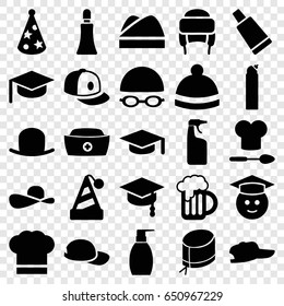 Cap icons set. set of 25 cap filled icons such as hat, cream tube, bottle soap, cleanser, winter hat, baseball cap, graduate emoji, beer mug