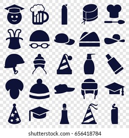 Cap icons set. set of 25 cap filled icons such as mushroom, cream tube, bottle soap, cleanser, winter hat, graduate emoji, helmet, nurse hat