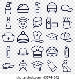 Cap icons set. set of 25 cap outline icons such as hat, cream tube, bottle soap, cleanser, winter hat, helmet, graduate emoji