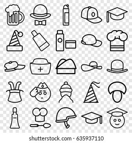 Cap icons set. set of 25 cap outline icons such as mushroom, hat, cream tube, cleanser, helmet, nurse hat, beer mug, graduate emoji