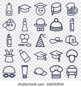 Cap icons set. set of 25 cap outline icons such as mushroom, cream tube, cleanser, winter hat, nurse hat, beer mug, graduate emoji, soldier emot