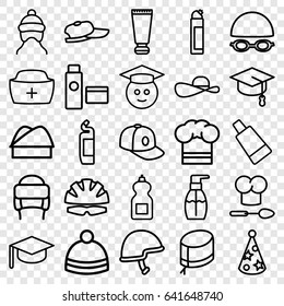 Cap icons set. set of 25 cap outline icons such as cream tube, bottle soap, cleanser, winter hat, helmet, nurse hat, graduate emoji