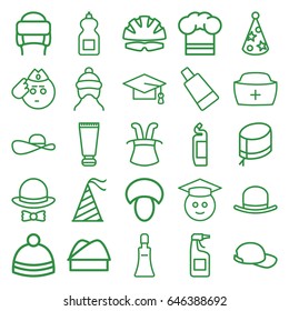 Cap icons set. set of 25 cap outline icons such as mushroom, cream tube, hat, cleanser, winter hat, helmet, graduate emoji