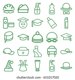 Cap icons set. set of 25 cap outline icons such as cream tube, hat, bottle soap, cleanser, winter hat, helmet