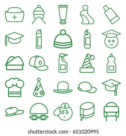 Cap icons set. set of 25 cap outline icons such as cream tube, hat, cleanser, winter hat, graduate emoji, soldier emot