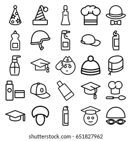 Cap icons set. set of 25 cap outline icons such as mushroom, cream tube, bottle soap, cleanser, winter hat, helmet, nurse hat, graduate emoji, soldier emot