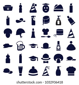 Cap icons. set of 36 editable filled cap icons such as mushroom, hat, cream tube, bottle soap, cleanser, winter hat, baseball cap, helmet, beer mug