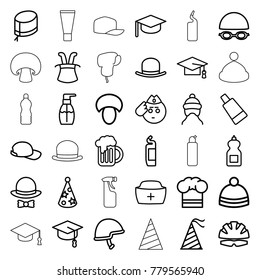 Cap icons. set of 36 editable outline cap icons such as mushroom, hat, cream tube, bottle soap, cleanser, winter hat, soldier emot, helmet, beer mug