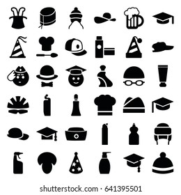 Cap icons set. set of 36 cap filled icons such as mushroom, cream tube, bottle soap, cleanser, winter hat, graduate emoji, soldier emot, nurse hat, beer mug, helmet