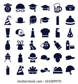 Cap icons set. set of 36 cap filled icons such as mushroom, cream tube, hat, bottle soap, cleanser, winter hat, graduate emoji, soldier emot, helmet, beer mug