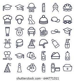Cap icons set. set of 36 cap outline icons such as mushroom, cream tube, bottle soap, cleanser, winter hat, helmet, nurse hat, beer mug, graduate emoji, soldier emot