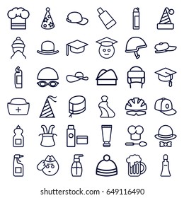 Cap icons set. set of 36 cap outline icons such as cream tube, hat, bottle soap, cleanser, winter hat, helmet, beer mug, graduate emoji, soldier emot