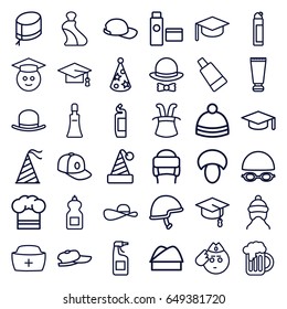 Cap icons set. set of 36 cap outline icons such as mushroom, cream tube, hat, cleanser, winter hat, helmet, beer mug, graduate emoji, soldier emot