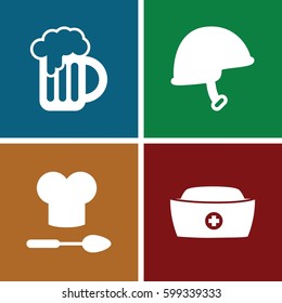 cap icons set. Set of 4 cap filled icons such as helmet, nurse hat, beer mug