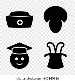 Cap icons set. set of 4 cap filled icons such as mushroom, graduate emoji, nurse hat