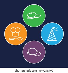 Cap icons set. set of 4 cap outline icons such as party hat, chef hat and spoon