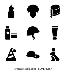 Cap icons set. set of 9 cap filled icons such as mushroom, cream tube, cleanser, helmet, nurse hat, baseball cap