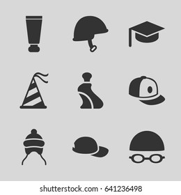 Cap icons set. set of 9 cap filled icons such as cream tube, helmet, party hat, swimming hat and glasses