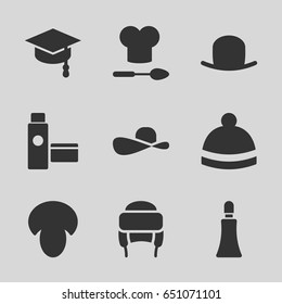 Cap icons set. set of 9 cap filled icons such as mushroom, hat, cream tube, winter hat