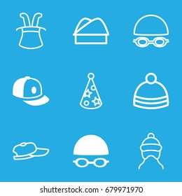 Cap icons set. set of 9 cap filled and outline icons such as swimming hat and glasses