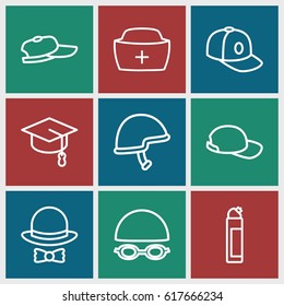 Cap icons set. set of 9 cap outline icons such as cleanser, baseball cap, helmet, nurse hat, hat and bow, swimming hat and glasses
