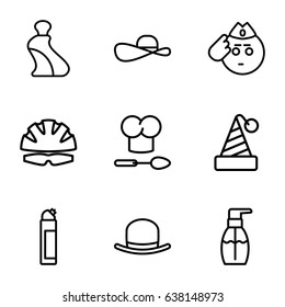 Cap icons set. set of 9 cap outline icons such as hat, cream tube, bottle soap, cleanser, chef hat and spoon, helmet