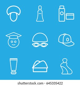 Cap icons set. set of 9 cap outline icons such as mushroom, cream tube, baseball cap, chef hat, swimming hat and glasses