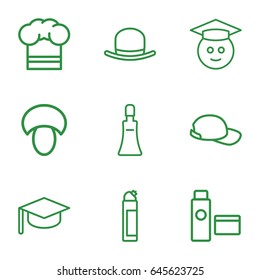 Cap icons set. set of 9 cap outline icons such as mushroom, hat, cream tube, cleanser, chef hat, baseball cap, graduate emoji