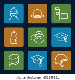 Cap icons set. set of 9 cap outline icons such as hat, cleanser, helmet, nurse hat, cream tube, soldier emot