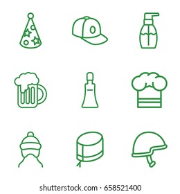Cap icons set. set of 9 cap outline icons such as cream tube, bottle soap, helmet, nurse hat, party hat, beer mug