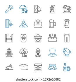 cap icons set. Collection of cap with beer, pants, school, mortarboard, student, hat, mushroom, police box, trousers, wizard, toga, scarf, shampoo. Editable and scalable cap icons.