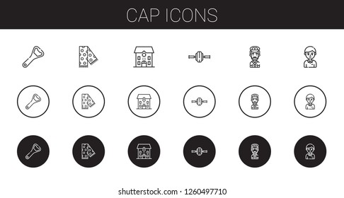 cap icons set. Collection of cap with bottle opener, scarf, school, wheel, captain, student. Editable and scalable cap icons.