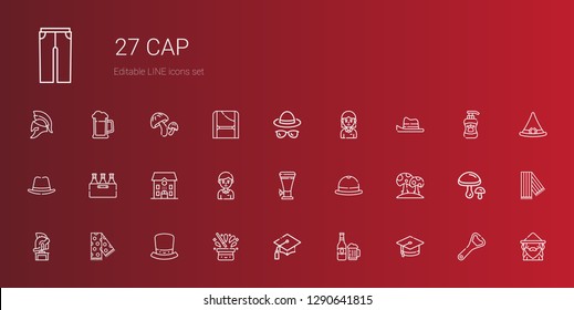 cap icons set. Collection of cap with mortarboard, beer, graduation, hat, scarf, helmet, mushroom, student, school, wizard, bottle opener, mushrooms. Editable and scalable cap icons.