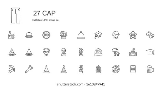 cap icons set. Collection of cap with wheel, police box, shampoo, party hat, hat, bottle opener, helmet, mushrooms, student, graduate, witch hat. Editable and scalable cap icons.